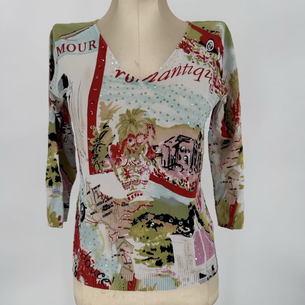 Y2K French Graphic Beaded Blouse Women's Medium Sequins‎ V-Neck 3/4 Sleeve